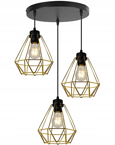 Light-Home Corral Retro Lampe - Hängelampe Hängeleuchte - Deckenlampe Industrial für Wohnzimmer Schlafzimmer und Esszimmer - Pendelleuchte Vintage aus Metall - 3 - Flammig Rund - Schwarz und Gold