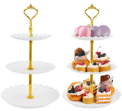 WenYa 2 Pack 3-Tier Plastic Cake Stands, Round Dessert Display Cupcake Holder, Afternoon Tea Stands Serving Tray for Kids Birthday Party, Wedding, Baby Shower, Home Tea Party Decor (White Round)