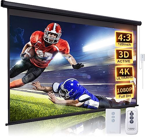 Projector Screen Motorized 120 Inch 4:3 HD Electric Projector Screen Pull Down with Remote, Automatic Projector Screens Wall Ceiling Mount Movie Screens for Projectors Outdoor Indoor, Black