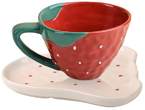Mug en céramique fraise 400 ml Four à micro-ondes Disponible pour le bureau et la maison Creative Grande capacité Dessiné à la main Assiette à petit déjeuner Ensemble tasse et assiette fraises 401-500