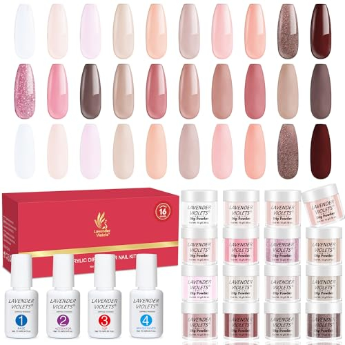 Lavender Violets 20 PCS Fast-Dry Dip-Powder-Nail Kit Skin Pink Gentel Glittery Nude French Nail Dipping Powder Set With Base Activator Top Coat Brush Saver Starter Kit Glossy & Matte Manicure M962