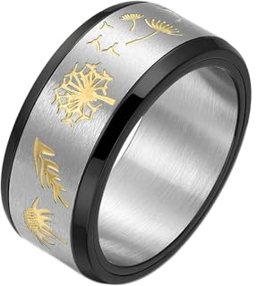 Gualiy Herren-Ring Edelstahl, Schwarz Anti Stress Fidget Ringe 10MM Löwenzahn Drehbar Ring Größe 62 (19.7)
