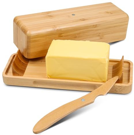 BEARDO Bamboo Butter Dish With Lid And Knife, Magnetic Butter Keeper Container For Countertop, Standard Butter Dish Holder For East and West Coast Butter 8.7x 3.1x 3