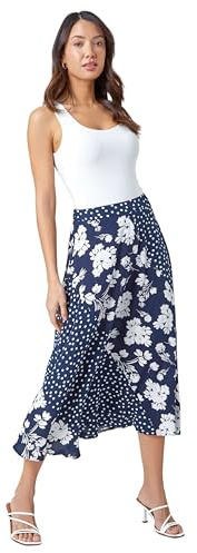 Roman Jersey Skirt for Women UK - Ladies Midi Maxi Floral Animal Print Autumn Winter Swing Smart Casual Office Cocktail Party Going Out Evening Holiday Cruise - Blue & White - Size 16