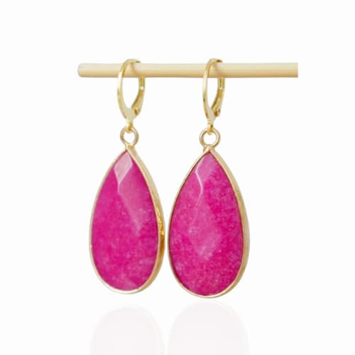 Creolen mit Edelstein Jade Rosa, Tropfen lange Ohrringe, Pink Jade Ohrringe, Creolen Hängeohrringe 24k vergoldet Edelstahl, Handmade Jade Schmuck