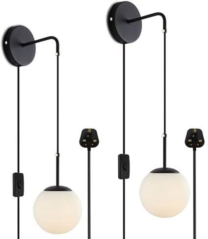 ELINKUME LED Plug in Wall Sconces,Indoor Wall Lights with Adjustable Plug in Cord,E27 Wall Mounted Lamps with Spherical Lampshade,Switch and Plug for Bedroom,Bathroom Lighting Fixtures,Black,2 Pack