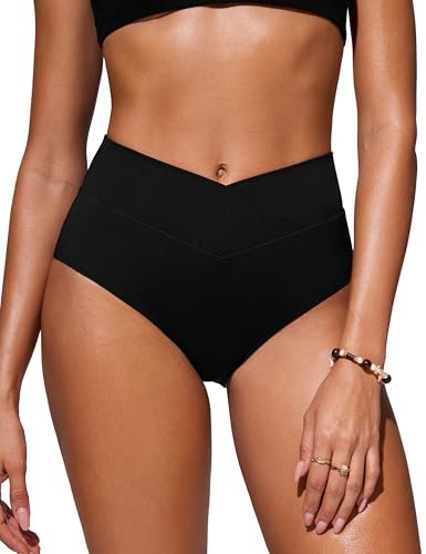 CRZ YOGA Damens V-Schnitt Bikini Unterteile Hohe Taille Kreuz Vorne Badeanzug Unterseite Vollständige Abdeckung Schwimmhose Schwarz 38