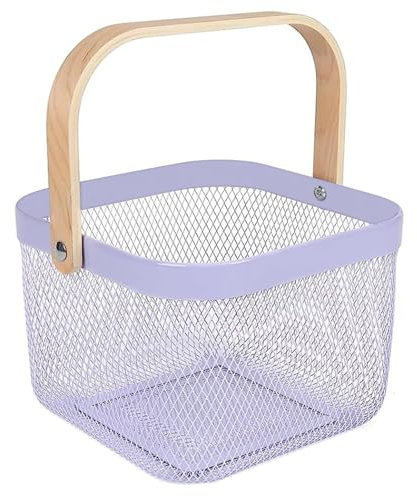 Suixtil Mesh Stahl Aufbewahrungskorb mit hölzernen Griff, Multifunktionale Draht hängenden Küche Korb Obst Korb, Küche, Bad, Speisekammer, Schrank Lagerung(Violett)