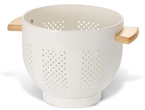 Metal Colander with Wood Handle and Stable Base, Powder Coated Steel Kitchen Strainer Basket for Draining Pasta, Vegetable and fruit (7quart,Cream)