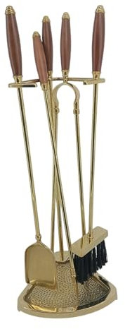 Kamin-Zubehör-Set mit Stange aus poliertem Messing mit Holzgriff
