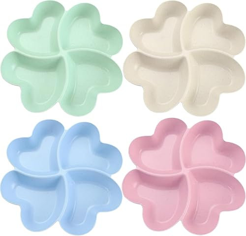 SZKKQKJ Snackteller,Snackteller mit 4 Fächern, Herzförmige Snackschale, snack schalen, Party Obstplatte Teller Obstteller Snack, Obst, Nüsse, für Süßigkeiten, DessertsRosa und Hellblau, 4 Stück