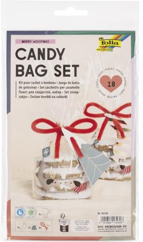 folia 46206 - Candy Bag Set MERRY WOOFMAS, 6 Geschenktüten mit weihnachtlichen Anhängern, inkl. 6 x 40 cm Chenilledraht, für Süßigkeiten und Gebäck