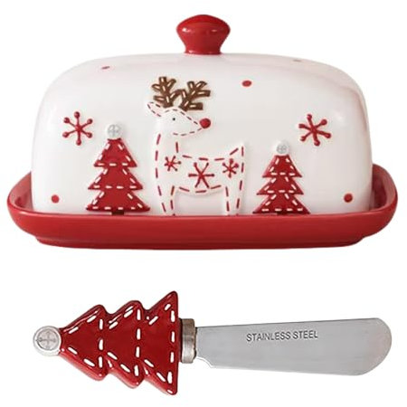 Set di coltelli per il burro in ceramica, vassoio per il burro stampato con renne e alberi con coperchio, piatti per il burro, coltelli per il burro, piatti occidentali, biscotti Dim Sum(Red)