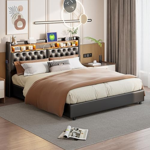 MISNODE Stauraumbett Polsterbett Hydraulisch Doppelbett 180x200cm, Bettgestell mit LED-Licht und USB, Kopfteil mit Stauraum, Doppelbett Erwachsenen aus PU-Leder (Schwarz+180x200cm)