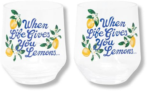 Draper James Juego de 2 copas de vino sin tallo de acrílico sin BPA de 17 onzas con frase alegre, listas para regalo, en caja decorativa, limones