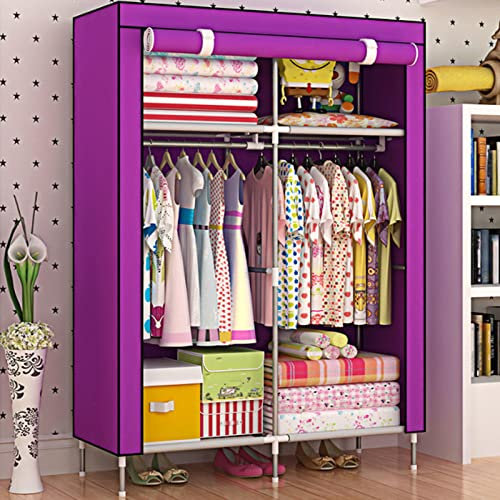 Tragbarer Kleiderschrank aus Segeltuch mit Kleiderstange und Regalen, Stoffschrank, Aufbewahrung für Schlafzimmer und Wohnzimmer, Lila, 90 x 46 x 168 cm