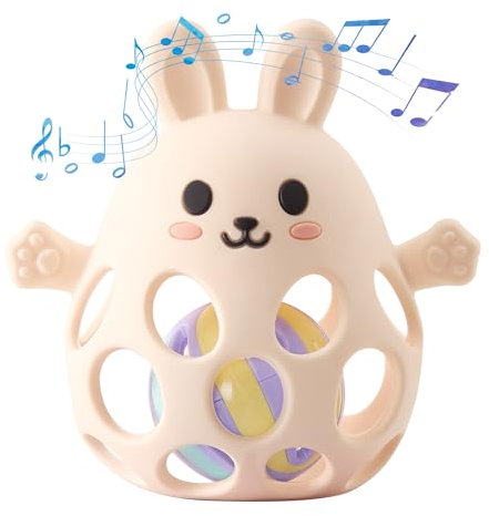 Arudyo Beißring Baby Beißspielzeug Zahnungshilfe aus Silikon Beißring Hase mit Glocke Zahnen Spielzeug & Greifring für Babys (Creme)