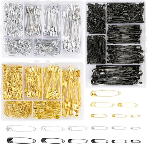 Kiperline 900 Stück Sicherheitsnadeln, 6 Größen, 18 mm bis 53 mm, rostbeständig, langlebige Sicherheitsnadeln für Kleidung, Handwerk, Nähen (Silber + Schwarz + Gold)