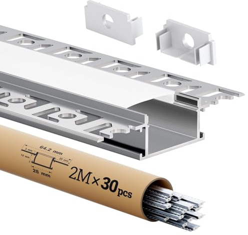 KOSOOM 30 x LED Trockenbauprofil 2m U-Form mit milchiger Diffusor, Installationsset, LED Profil Kanal für Led Streifen 20,2 mm, für Wohnzimmer, Schlafzimmer, Küche, Bar, Einkaufszentrum geeignet