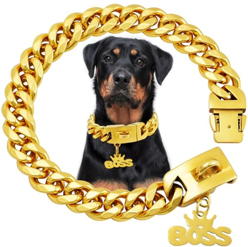 19 MM Gold Cuban Link Dog Chain Collar,Chew Proof Stainless Steel Necklace Collars with Solid Buckle,Training Collar Chains for Small Medium Large Dogs(16 inches)