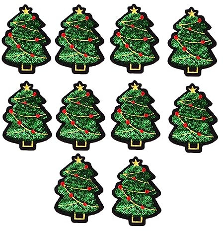 HOMSFOU 10Stücke Weihnachtsbaum Patches Pailletten Gestickte Aufnäher für Kleidung Jeans Hüte und Glitzernde Applikationen für Bastelprojekte Grün