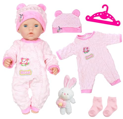 Kleidung Outfits für 35-43 cm Puppe Kleidung Baby Puppen, 6 Rosa Bären Baby PuppeKleidung mit Bunny Puppe Hut Socken Aufhänger for Neu Baby Puppe Kleidung Mädchen Geburtstag Geschenk