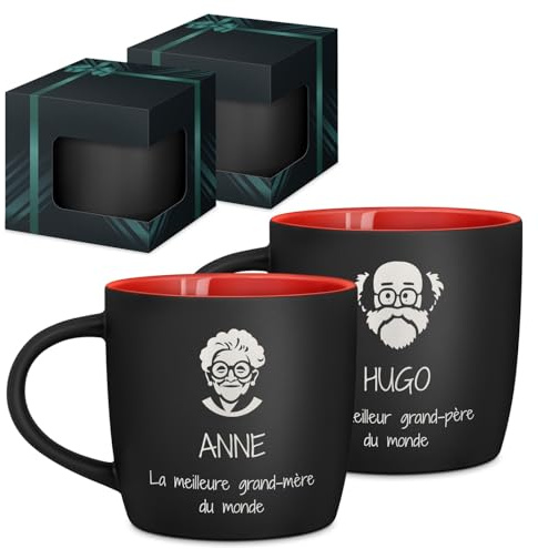 Maverton 2x Tasse Personnalisable, Set 2x Mug personnalisé | Cadeau Personnalisé Anniversaire Mariage, Couple Couple Saint Valentin, Tasse a cafe rouge avec prénom, mamie et papy