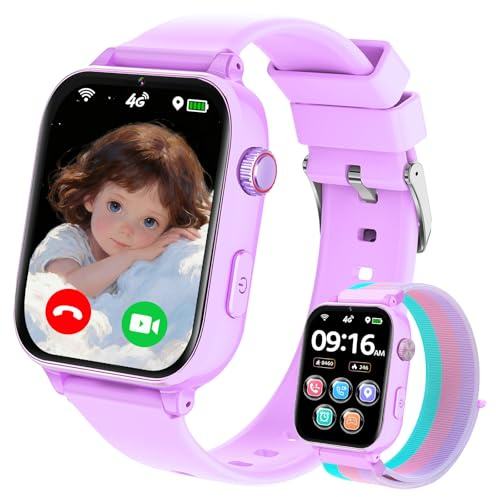 Smartwatch Kinder GPS und Telefon, 4G Uhr Smart Watch Kids mit Videoanruf Anruffunktion Voice Chat WiFi SOS Spiel Wecker Schulmodus, Geschenk Kinderuhr für Kinder Jungen Mädchen 4-12 Jahren, Violett