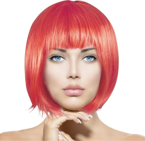 Trendandstylez Kurzhaar Perücke Damen bunt Set – Bob Wig mit Pony in 15 Farben | Fasching, Karneval, Party, Cosplay, Halloween, Mottoparty Party, Silvester, Charleston (Rot)