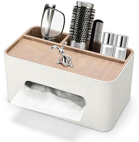 EUBSWA PU Kosmetiktücher Box mit 2 Fächern, Einfache Handhabung & Elegantes Design, Schreibtisch Organizer für Büro, Zuhause und Badezimmer (Beige)