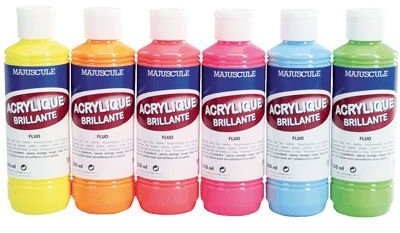 Majuscule-boîte De 6 Flacons De 250 Ml Acrylique Fluo. Couleurs Assorties : Jaune, Orange, Rouge, Rose, Bleu Et Vert