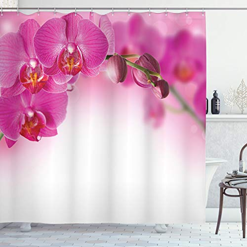 ABAKUHAUS Orchidee Duschvorhang, Exotische Orchid Feng Shui, Stoffliches Gewebe Badezimmerdekorationsset mit Haken, 175 x 240 cm, Weiß Magenta