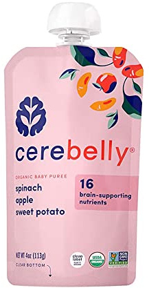 Cerebelly Organic Baby Food Pouches, Spinach Apple Sweet Potato Purees, 16 Nutrients, No Added Sugar, Fiber & Non-GMO, 4oz, 1 Count