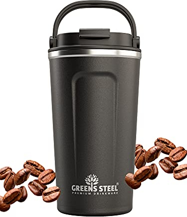 Greens Steel Reusable Coffee Cup - 480 ml (16 oz) Black | Travel Mug with Lid & Handle | Stainless Steel Insulated Flask for Hot & Cold Drinks | Leak Proof Tumbler for Tea, Coffee, Iced Drinks