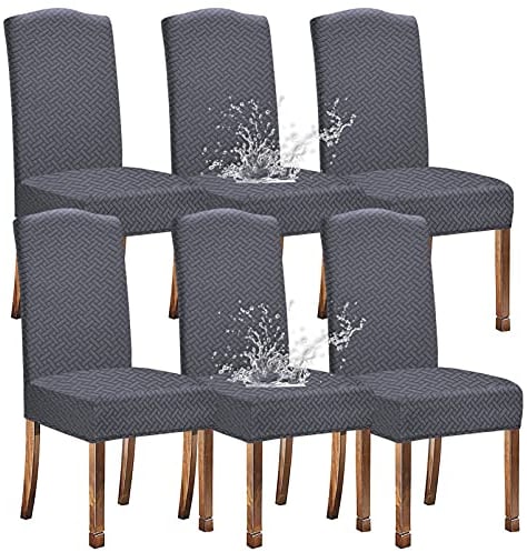 KELUINA Stretch wasserdichte Jacquard mit langem Gitter Esszimmer Stuhlhussen Home Decor, Stuhlhussen für Esszimmerstühle(Grau,6 Stück)