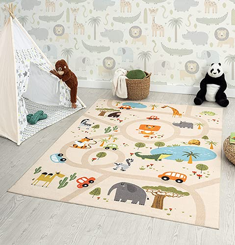 the carpet Happy Life Kinderzimmer, Kinderteppich, Spielteppich, Straßenteppich, Straße, Dschungel, Tiere, Auto, Beige, 200 x 290 cm