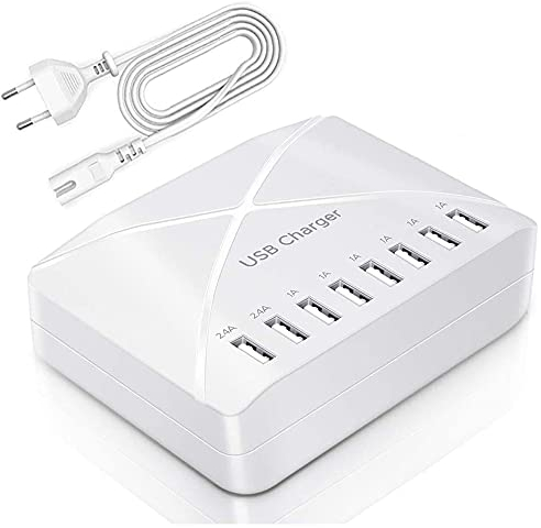Chargeur USB 40 W, Multi-USB à 8 Ports, hub de Charge avec détection Intelligente, Station de Charge USB Multi-Ports, pour Smartphones, tablettes et Autres appareils, Blanc