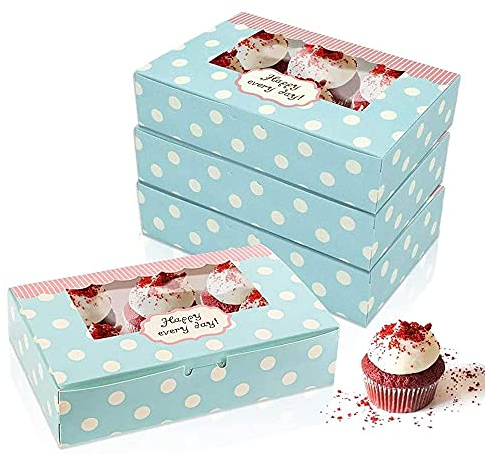 12 Stück Papier Kuchenboxen, Süßigkeiten Schachtel, Kuchen Karton, Keks Verpackung, Einfach zu Bedienen, mit Transparentem Fenster, für Gebäck, Cupcakes, Kleine Kuchen und Kekse(21,5 x 13,5 x 5 cm)