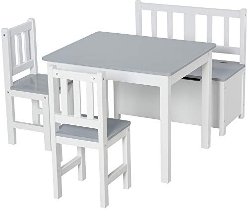 HOMCOM 4 Stück (1er-Pack) Kindersitzgruppe mit Kindermöbel Kindertisch Kinderstuhl Kinderbank für 3+ Jahre Kinder Kiefernholz MDF Grau+Weiß