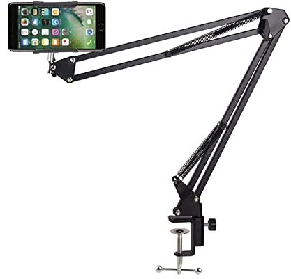 TriLine Phone Holder, Mobile Phone Stand Overhead Tripod Mount, Universal 360 Degree Rotating Long Aluminum Arm Clamp for Desk Bedside Table