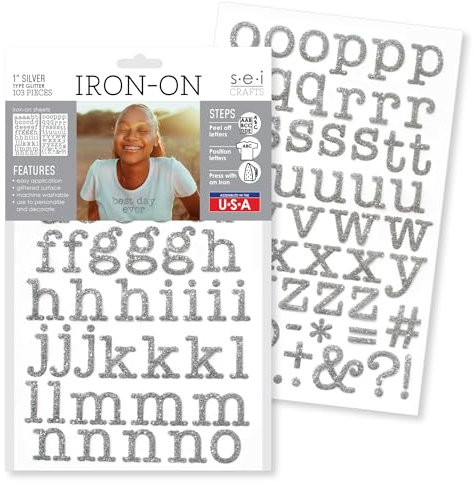 S.E.I. 1-Inch Iron-on T-Shirt Letters, Type Glitter Letter Heat Transfers, Silver