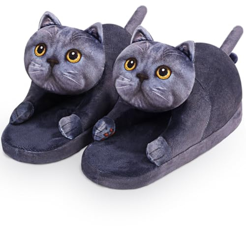 Infaccial Fuzzy Cat Slippers for Women Indoor and Outdoor,Funny Animal House Shoes with Soft Memory Foam,Comfy Plush Warm Slip-on Slippers,Birthday Gifts for Cat Lover (British Shorthair)