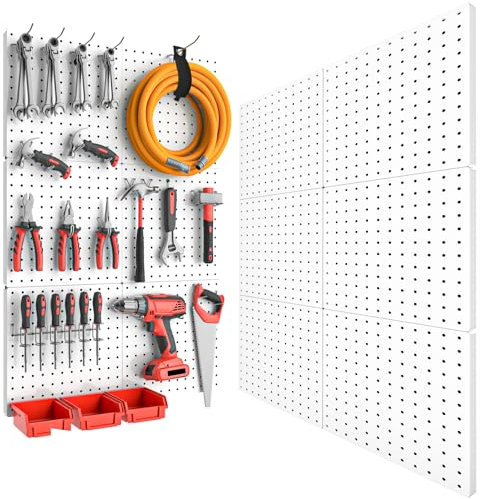 FZK Lot de 6 panneaux perforés en métal avec 2 façons d'installation de perçage et sans perçage. Panneau perforé, panneau perforé blanc pour garage, salle d'artisanat