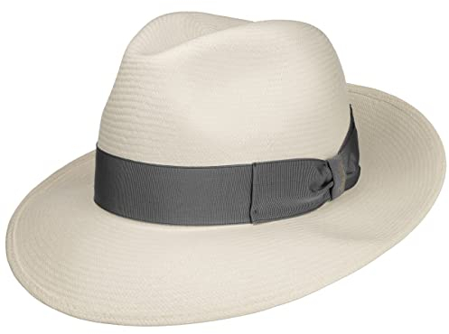 Borsalino Chapeau Panama Big Brim Femme/Homme - Made in Italy Paille de Bogart avec Ruban Gros Grain, Grain Printemps-ete Ete - 58 cm Nature-Gris