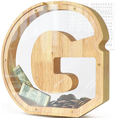 DBPBToU Hucha Grande de Madera con Letras, Huchas Personalizada Transparente 23*4*23cm, Hucha Cerdito para Niños, Hucha Grandes Creativa para Regalo de Cumpleaños/Decoración del Hogar/Recuerdo (G)