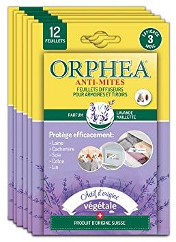 Orphea - Anti Mites Textile, Feuillets Diffuseurs pour Armoires et Tiroirs Naturel, Parfum Bois de Lavande. Anti Mites Ideal pour Vetements, Il agit Immediatement - Durée 3 Mois (6x12 Pieces)