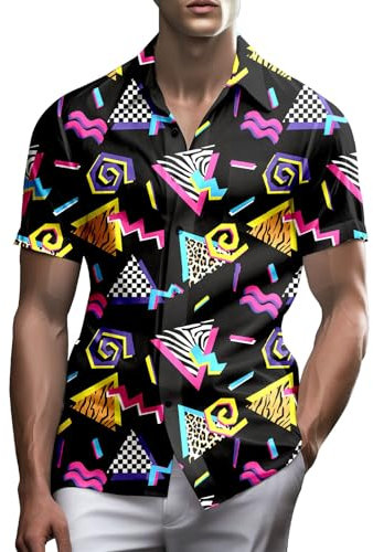 80er Jahre Hemden für Herren Lustiges Vintage 90er Jahre Outfit für Männer Hawaiihemden Button-Up 90er Jahre Party Strand Hemd Herren 80er Jahre Kleidung, 80er 90er Jahre Memphis, Klein