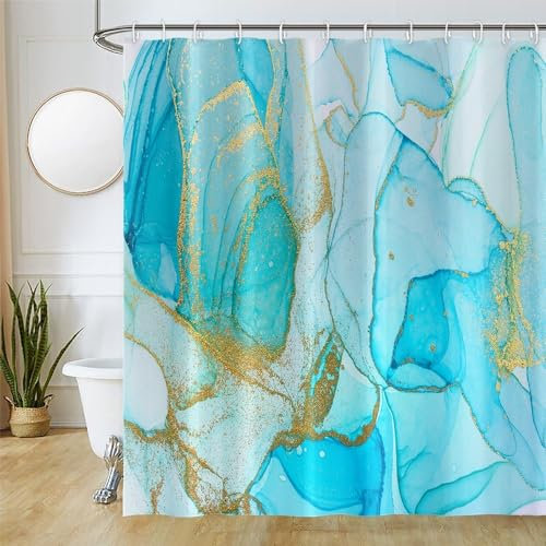 Uiiooazy Duschvorhang Marmor Blau, Duschvorhang Abstrakt Gold Marmoriert Duschvorhäng Anti Schimmel Wasserdicht Polyester Stoff Waschbar Blickdicht Bad Vorhang mit 12 Haken für Badezimmer 200Bx180Hcm