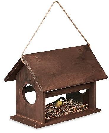 Relaxdays Comedero de Pájaros de Madera Colgante, Dispensador de Alimentos, Aves Silvestres, 24x30x21 cm, Marrón Oscuro, 24 x 30 x 21 cm