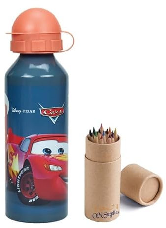 OM SUPPLIES Cars Characters Aluminium Sports Bottle 520ml - Holiday, Back to School Water Drinking Kids Lunch Children Includes Half Size 12pcs (Cars)